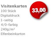 Visitenkarten, 100 Stück, Digitaldruck, 4/0-farbig, 33 Euro